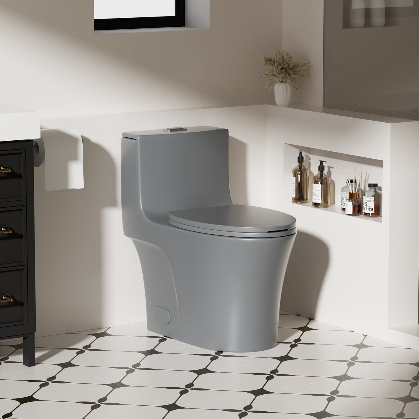 1.1/1.6 GPF Tornado Flush One-Piece Toilet Elongated, Siphonic S-trap 12",Soft Closing Seat, Button on Tank top ,Powerful Dual Flush MAP 1000g, Comfort Chair Seat ADA Height 17", Light gray LG-002