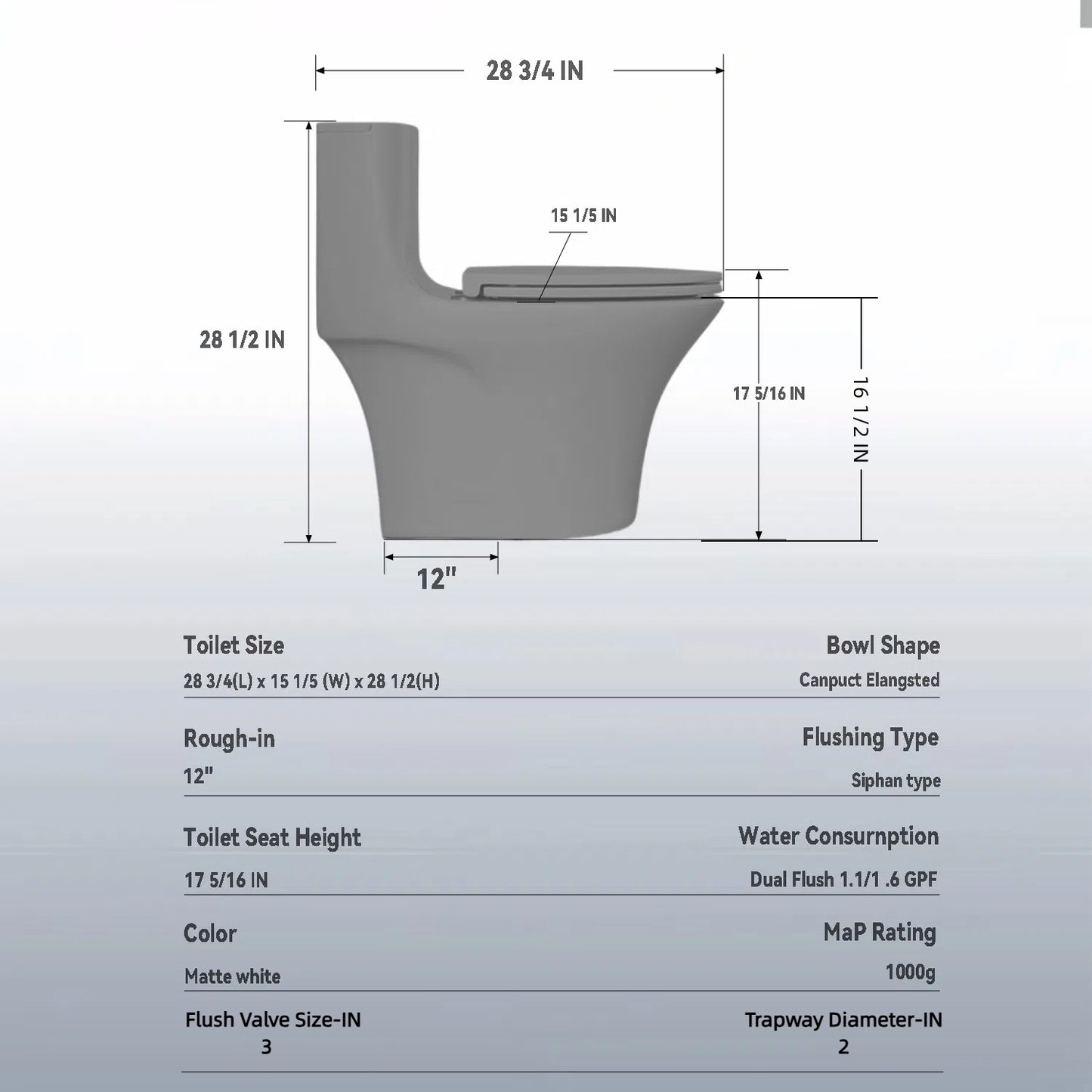1.1/1.6 GPF Tornado Flush One-Piece Toilet Elongated, Siphonic S-trap 12",Soft Closing Seat, Button on Tank top ,Powerful Dual Flush MAP 1000g, Comfort Chair Seat ADA Height 17", Light gray LG-002