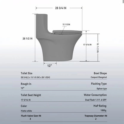 1.1/1.6 GPF Tornado Flush One-Piece Toilet Elongated, Siphonic S-trap 12",Soft Closing Seat, Button on Tank top ,Powerful Dual Flush MAP 1000g, Comfort Chair Seat ADA Height 17", Light gray LG-002