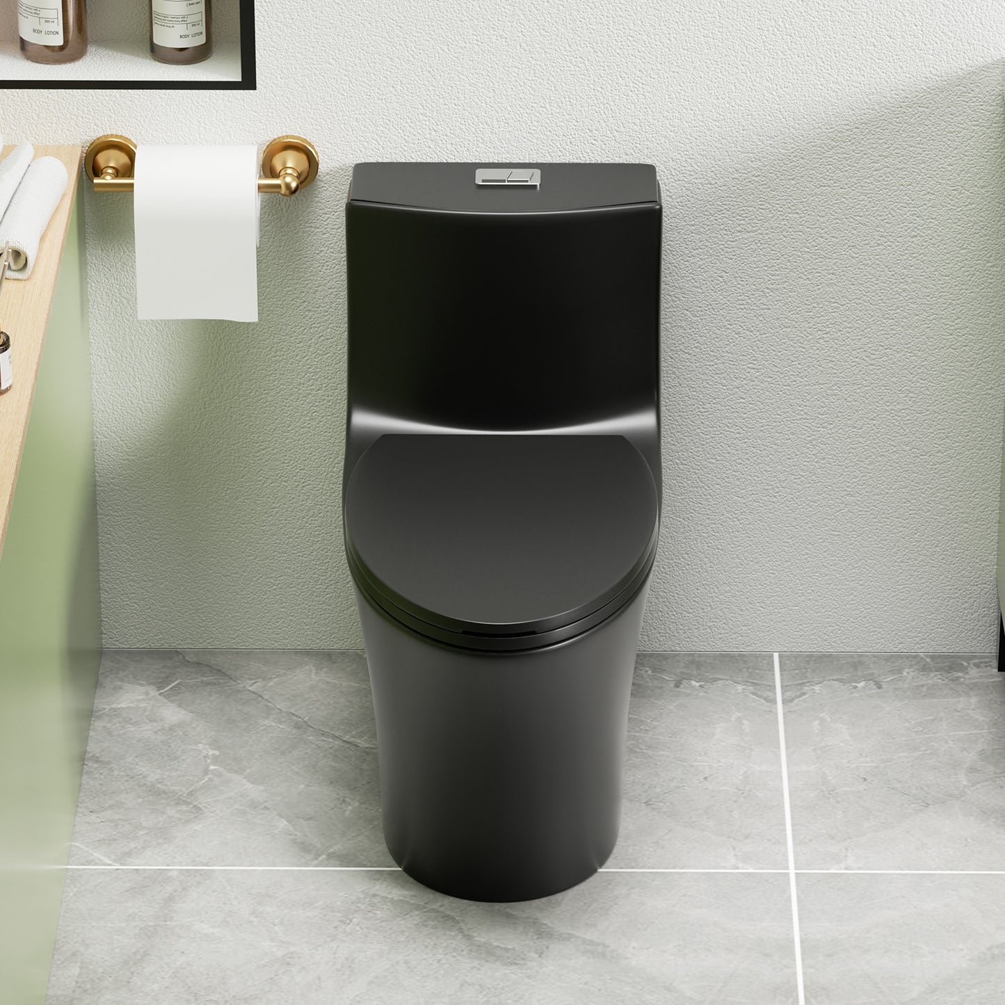 1.1/1.6 GPF Tornado Flush One-Piece Toilet Elongated, Siphonic S-trap 12",Soft Closing Seat, Button on Tank top ,Powerful Dual Flush MAP 1000g, Comfort Chair Seat ADA Height 17", Matte black MB-002