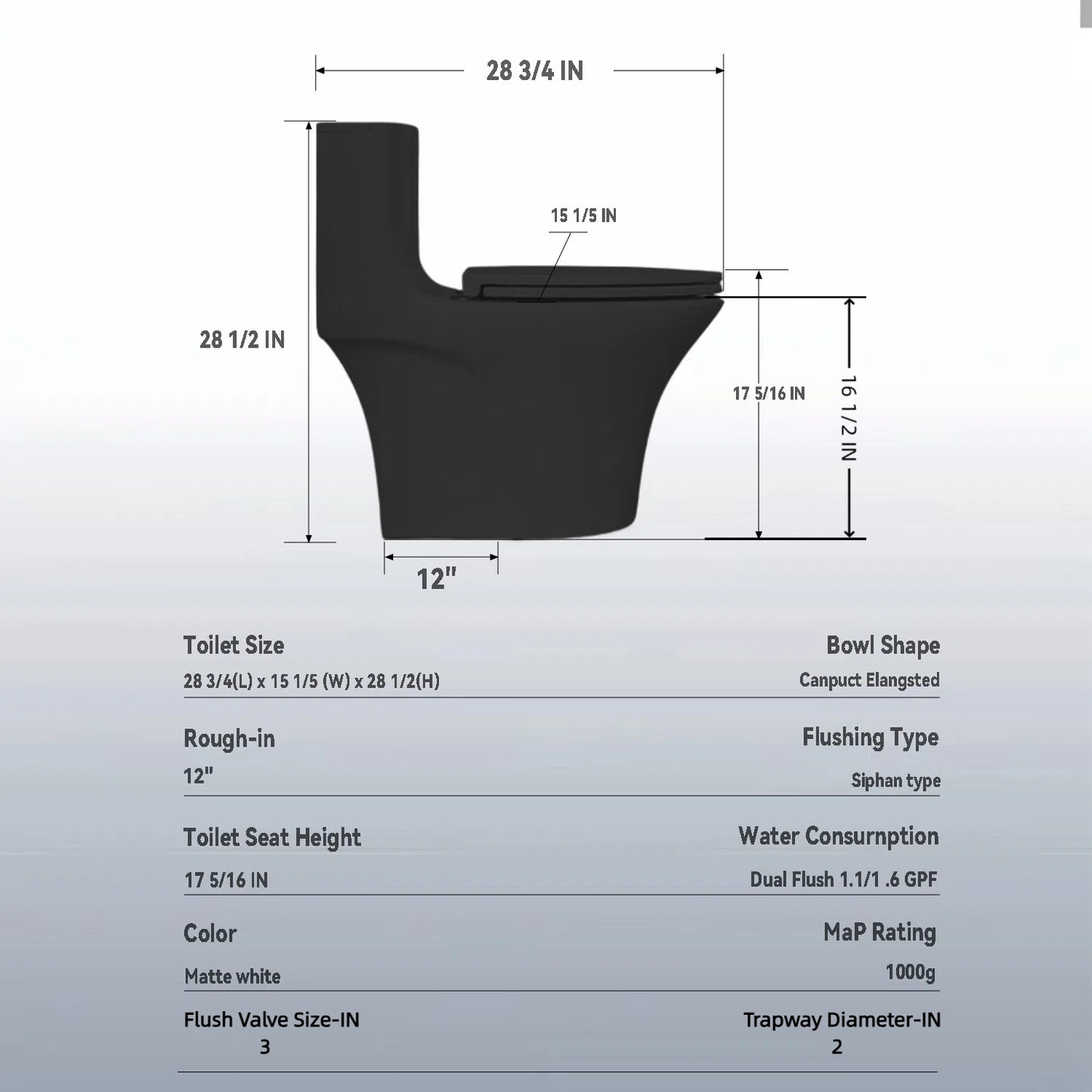 1.1/1.6 GPF Tornado Flush One-Piece Toilet Elongated, Siphonic S-trap 12",Soft Closing Seat, Button on Tank top ,Powerful Dual Flush MAP 1000g, Comfort Chair Seat ADA Height 17", Matte black MB-002
