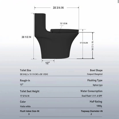 1.1/1.6 GPF Tornado Flush One-Piece Toilet Elongated, Siphonic S-trap 12",Soft Closing Seat, Button on Tank top ,Powerful Dual Flush MAP 1000g, Comfort Chair Seat ADA Height 17", Matte black MB-002