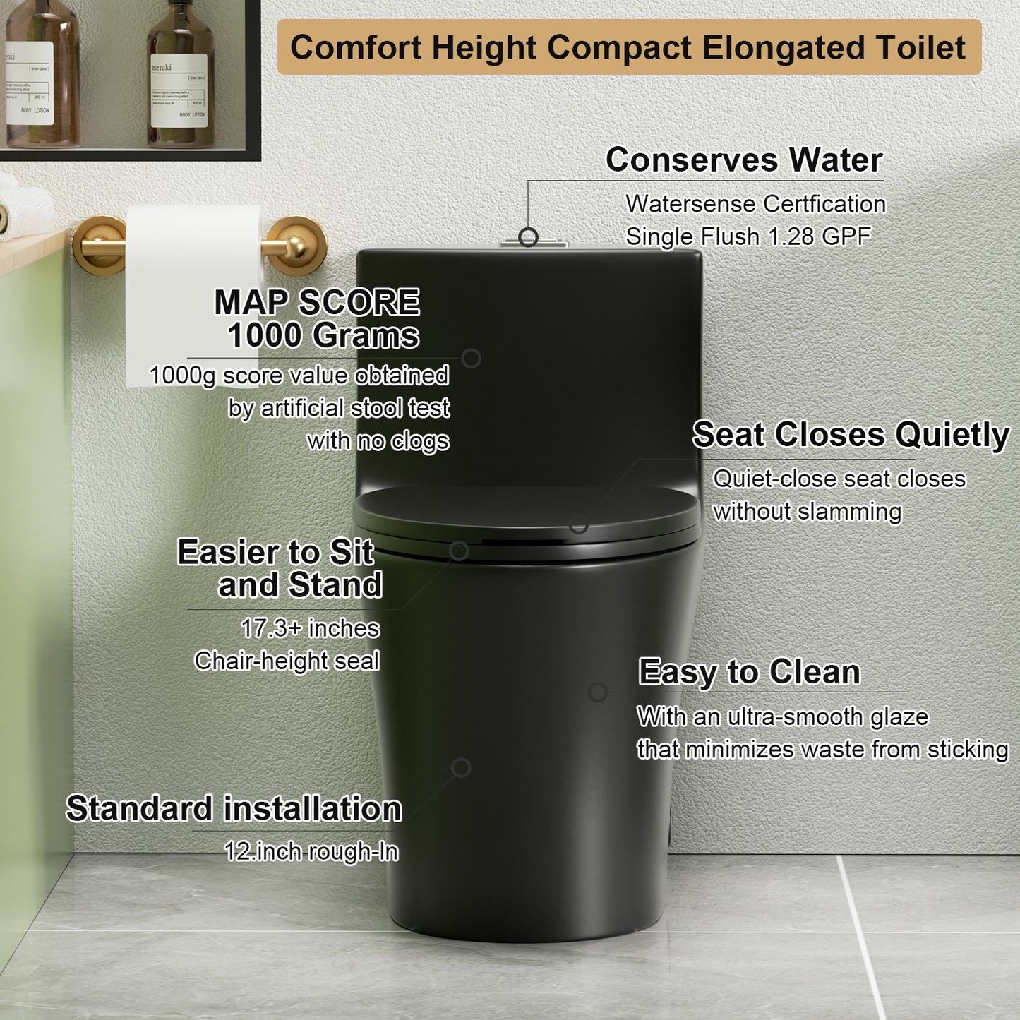 1.1/1.6 GPF Tornado Flush One-Piece Toilet Elongated, Siphonic S-trap 12",Soft Closing Seat, Button on Tank top ,Powerful Dual Flush MAP 1000g, Comfort Chair Seat ADA Height 17", Matte black MB-002