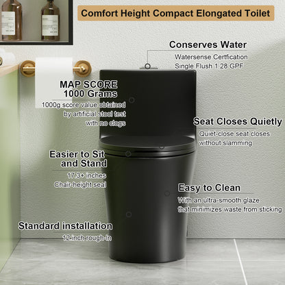 1.1/1.6 GPF Tornado Flush One-Piece Toilet Elongated, Siphonic S-trap 12",Soft Closing Seat, Button on Tank top ,Powerful Dual Flush MAP 1000g, Comfort Chair Seat ADA Height 17", Matte black MB-002