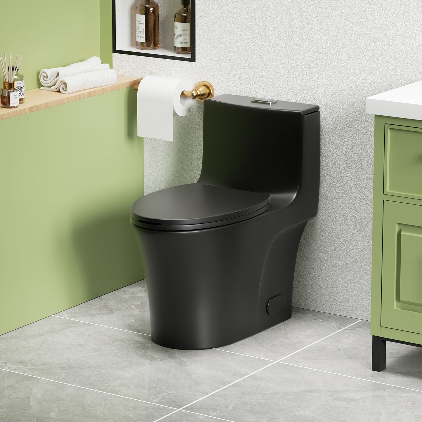 1.1/1.6 GPF Tornado Flush One-Piece Toilet Elongated, Siphonic S-trap 12",Soft Closing Seat, Button on Tank top ,Powerful Dual Flush MAP 1000g, Comfort Chair Seat ADA Height 17", Matte black MB-002