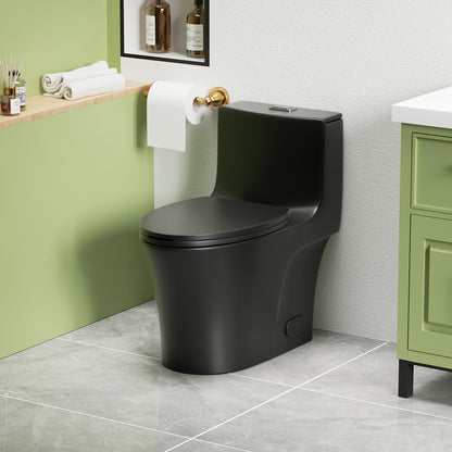1.1/1.6 GPF Tornado Flush One-Piece Toilet Elongated, Siphonic S-trap 12",Soft Closing Seat, Button on Tank top ,Powerful Dual Flush MAP 1000g, Comfort Chair Seat ADA Height 17", Matte black MB-002