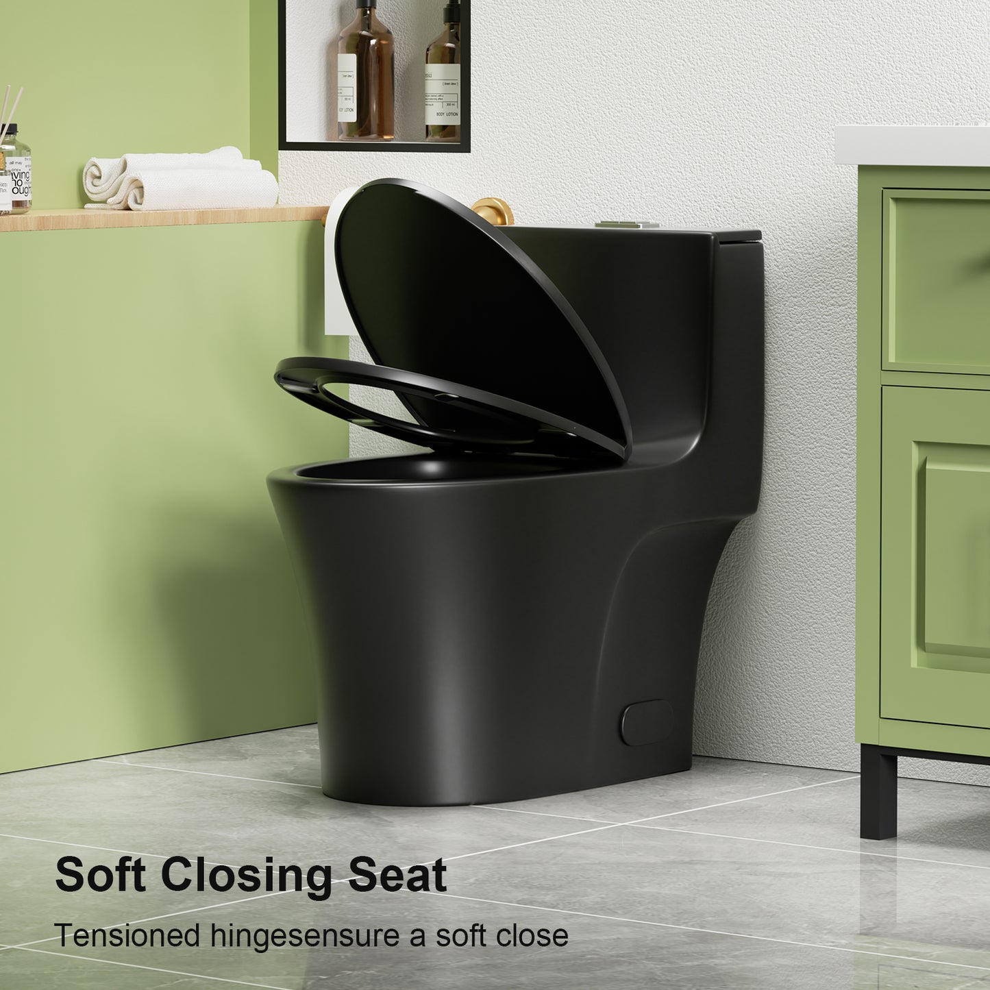 1.1/1.6 GPF Tornado Flush One-Piece Toilet Elongated, Siphonic S-trap 12",Soft Closing Seat, Button on Tank top ,Powerful Dual Flush MAP 1000g, Comfort Chair Seat ADA Height 17", Matte black MB-002