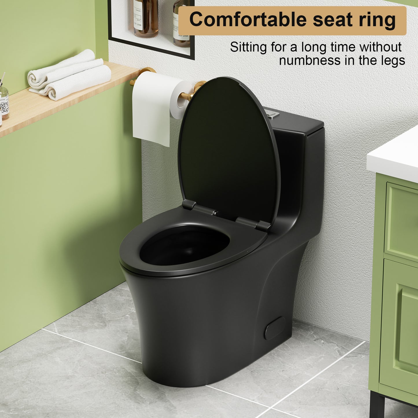 1.1/1.6 GPF Tornado Flush One-Piece Toilet Elongated, Siphonic S-trap 12",Soft Closing Seat, Button on Tank top ,Powerful Dual Flush MAP 1000g, Comfort Chair Seat ADA Height 17", Matte black MB-002