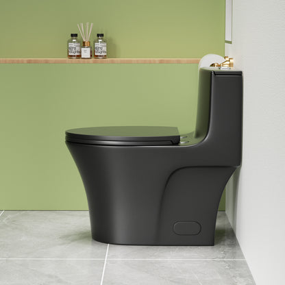 1.1/1.6 GPF Tornado Flush One-Piece Toilet Elongated, Siphonic S-trap 12",Soft Closing Seat, Button on Tank top ,Powerful Dual Flush MAP 1000g, Comfort Chair Seat ADA Height 17", Matte black MB-002