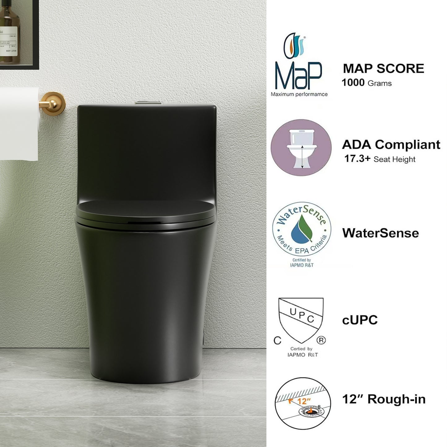 1.1/1.6 GPF Tornado Flush One-Piece Toilet Elongated, Siphonic S-trap 12",Soft Closing Seat, Button on Tank top ,Powerful Dual Flush MAP 1000g, Comfort Chair Seat ADA Height 17", Matte black MB-002