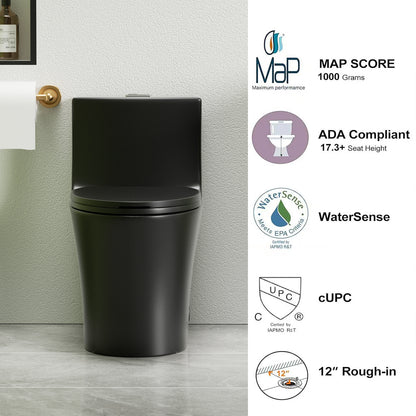 1.1/1.6 GPF Tornado Flush One-Piece Toilet Elongated, Siphonic S-trap 12",Soft Closing Seat, Button on Tank top ,Powerful Dual Flush MAP 1000g, Comfort Chair Seat ADA Height 17", Matte black MB-002