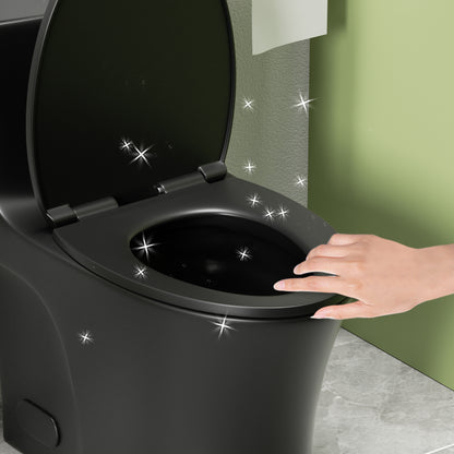 1.1/1.6 GPF Tornado Flush One-Piece Toilet Elongated, Siphonic S-trap 12",Soft Closing Seat, Button on Tank top ,Powerful Dual Flush MAP 1000g, Comfort Chair Seat ADA Height 17", Matte black MB-002
