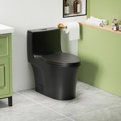 1.1/1.6 GPF Tornado Flush One-Piece Toilet Elongated, Siphonic S-trap 12",Soft Closing Seat, Button on Tank top ,Powerful Dual Flush MAP 1000g, Comfort Chair Seat ADA Height 17", Matte black MB-002