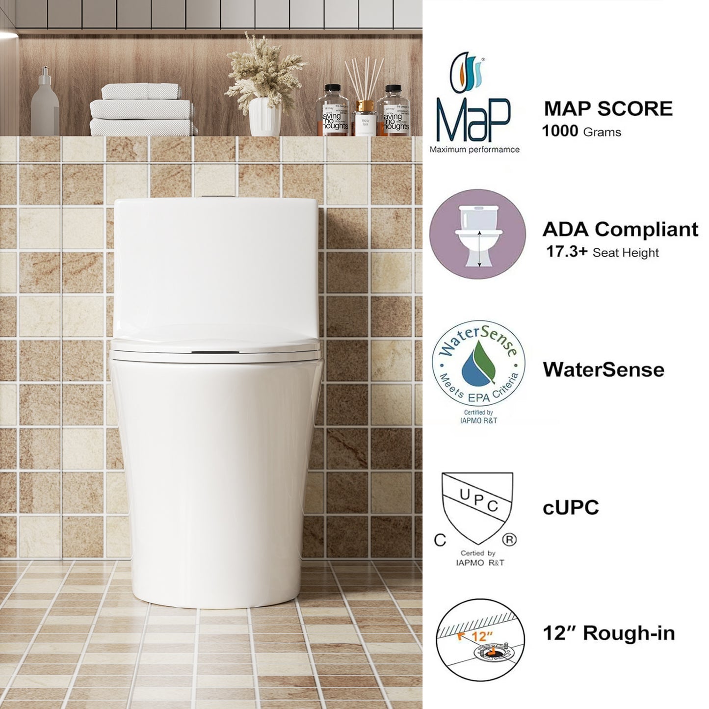 1.1/1.6 GPF Tornado Flush One-Piece Toilet Elongated, Siphonic S-trap 12",Soft Closing Seat, Button on Tank top ,Powerful Dual Flush MAP 1000g, Comfort Chair Seat ADA Height 17", Glossy White GW-002