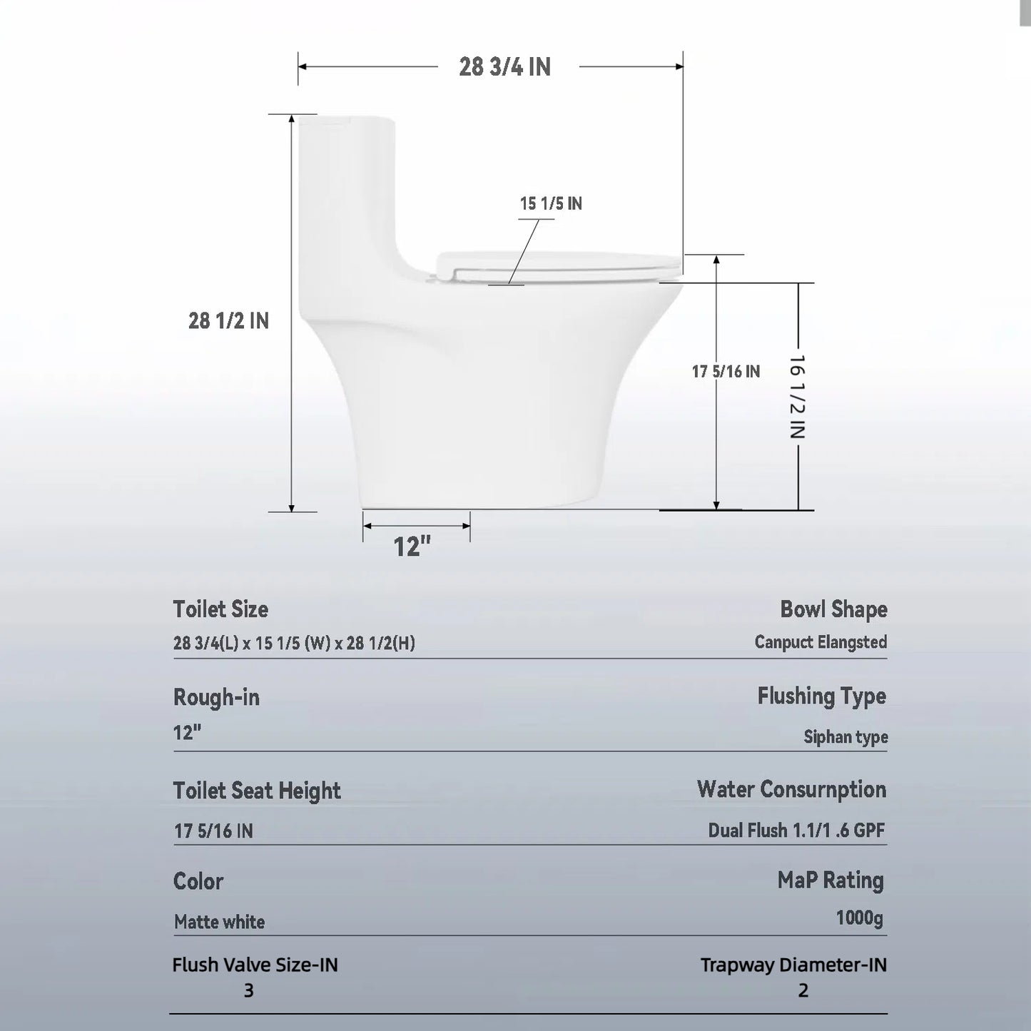 1.1/1.6 GPF Tornado Flush One-Piece Toilet Elongated, Siphonic S-trap 12",Soft Closing Seat, Button on Tank top ,Powerful Dual Flush MAP 1000g, Comfort Chair Seat ADA Height 17", Glossy White GW-002