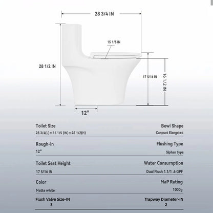 1.1/1.6 GPF Tornado Flush One-Piece Toilet Elongated, Siphonic S-trap 12",Soft Closing Seat, Button on Tank top ,Powerful Dual Flush MAP 1000g, Comfort Chair Seat ADA Height 17", Glossy White GW-002