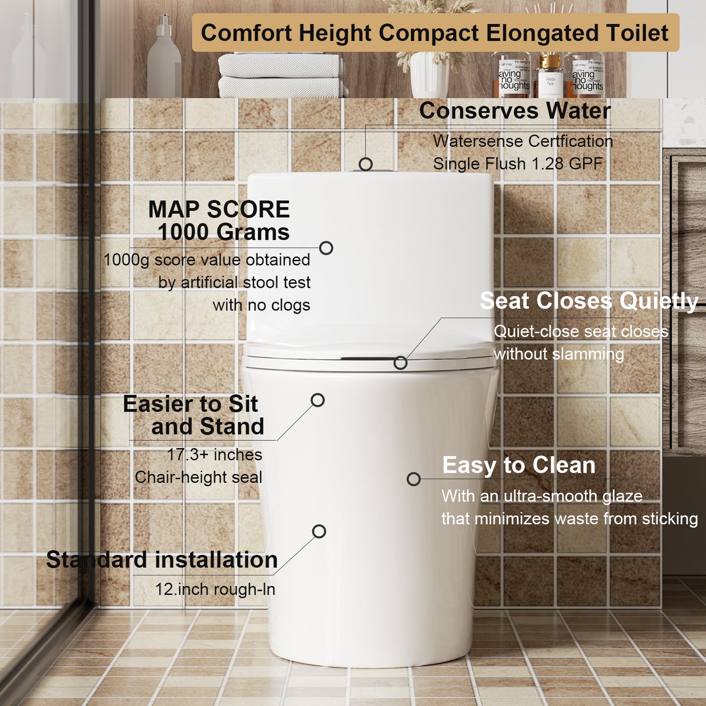1.1/1.6 GPF Tornado Flush One-Piece Toilet Elongated, Siphonic S-trap 12",Soft Closing Seat, Button on Tank top ,Powerful Dual Flush MAP 1000g, Comfort Chair Seat ADA Height 17", Glossy White GW-002