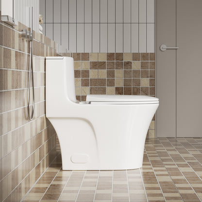1.1/1.6 GPF Tornado Flush One-Piece Toilet Elongated, Siphonic S-trap 12",Soft Closing Seat, Button on Tank top ,Powerful Dual Flush MAP 1000g, Comfort Chair Seat ADA Height 17", Glossy White GW-002