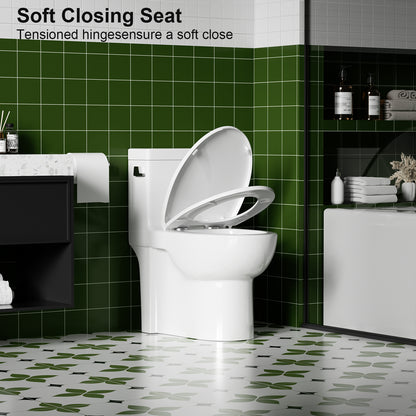 1.28 GPF Tornado Flush One-piece Toilet Elongated,Siphonic Side Press Single Flush,17" ADA Comfort Chair Height Seat,Soft Closing Seat, 1000g MAP Flushing Score Toilet, Gloss White GW-003S