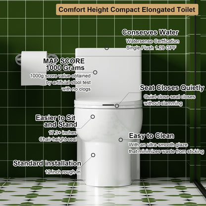 1.28 GPF Tornado Flush One-piece Toilet Elongated,Siphonic Side Press Single Flush,17" ADA Comfort Chair Height Seat,Soft Closing Seat, 1000g MAP Flushing Score Toilet, Gloss White GW-003S