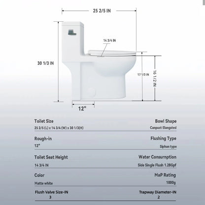 1.28 GPF Tornado Flush One-piece Toilet Elongated,Siphonic Side Press Single Flush,17" ADA Comfort Chair Height Seat,Soft Closing Seat, 1000g MAP Flushing Score Toilet, Gloss White GW-003S
