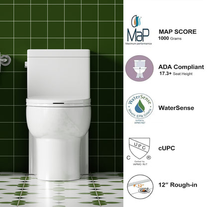 1.28 GPF Tornado Flush One-piece Toilet Elongated,Siphonic Side Press Single Flush,17" ADA Comfort Chair Height Seat,Soft Closing Seat, 1000g MAP Flushing Score Toilet, Gloss White GW-003S