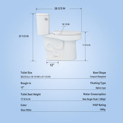 1.28 GPF Tornado Flush Two-piece Toilet for bathrooms,Siphonic Side Press Single Flush,17"ADA Comfort Chair Height Seat, S-trap 12",Rimless Bowl with Soft Closing Seat,Easy-to-Use,Gloss White GW-004