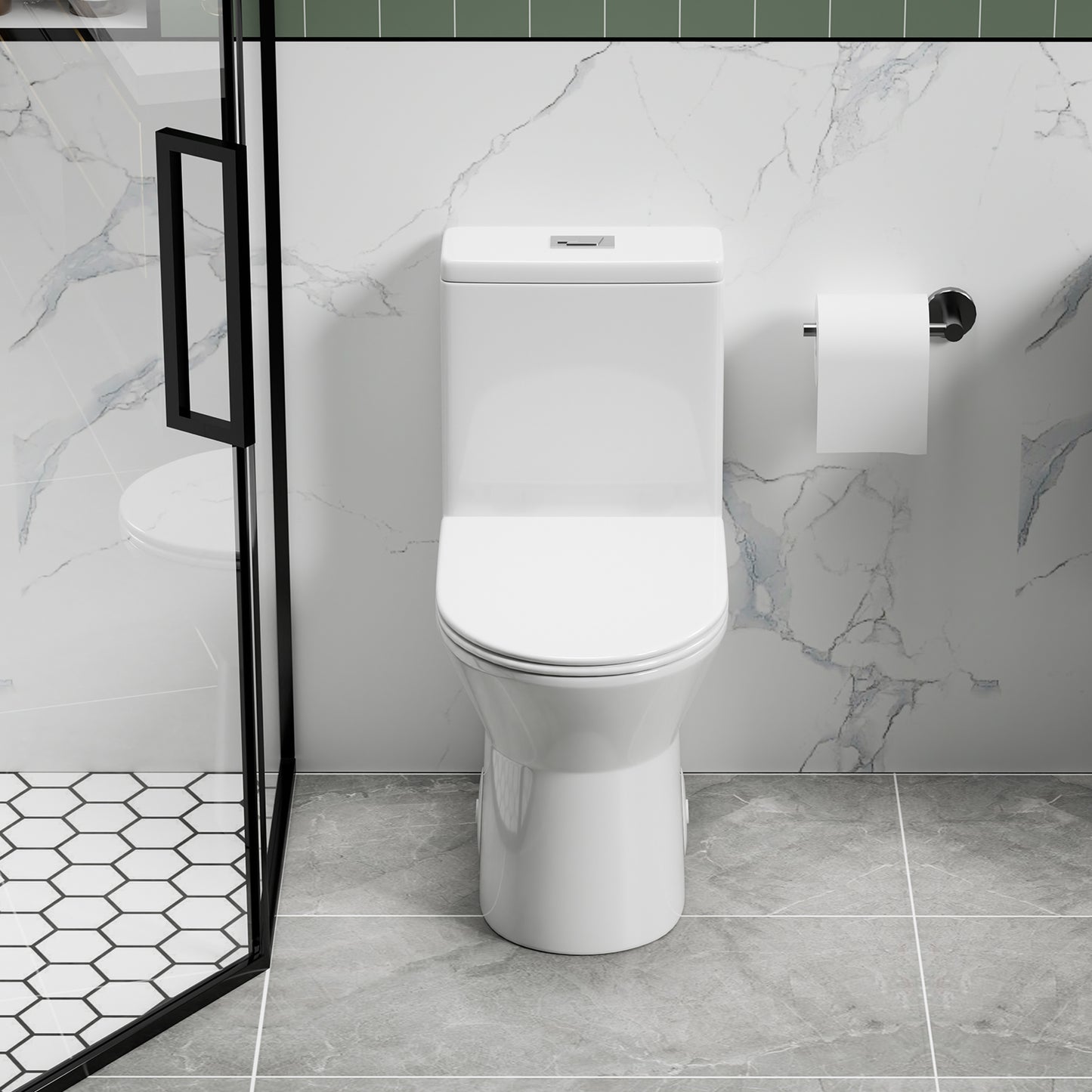 1.1/1.6 GPF Tornado Flush One-Piece Toilet with Comfort Chair Seat ADA Height 17",Powerful & Quiet Dual Flush Modern Toilet,Siphonic S-trap 12",Rimless Bowl with Soft Closing Seat,Gloss White GW-005