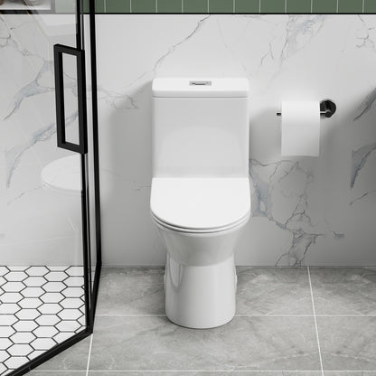 1.1/1.6 GPF Tornado Flush One-Piece Toilet with Comfort Chair Seat ADA Height 17",Powerful & Quiet Dual Flush Modern Toilet,Siphonic S-trap 12",Rimless Bowl with Soft Closing Seat,Gloss White GW-005
