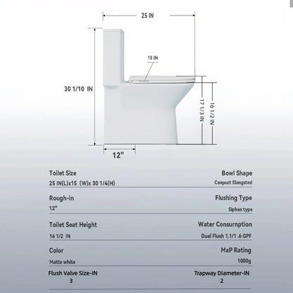 1.1/1.6 GPF Tornado Flush One-Piece Toilet with Comfort Chair Seat ADA Height 17",Powerful & Quiet Dual Flush Modern Toilet,Siphonic S-trap 12",Rimless Bowl with Soft Closing Seat,Gloss White GW-005