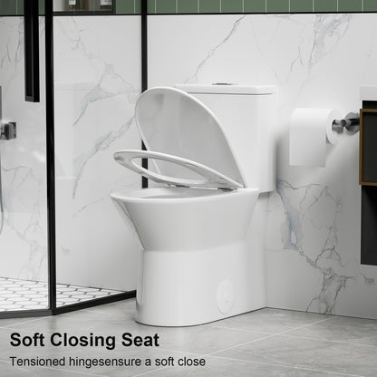 1.1/1.6 GPF Tornado Flush One-Piece Toilet with Comfort Chair Seat ADA Height 17",Powerful & Quiet Dual Flush Modern Toilet,Siphonic S-trap 12",Rimless Bowl with Soft Closing Seat,Gloss White GW-005