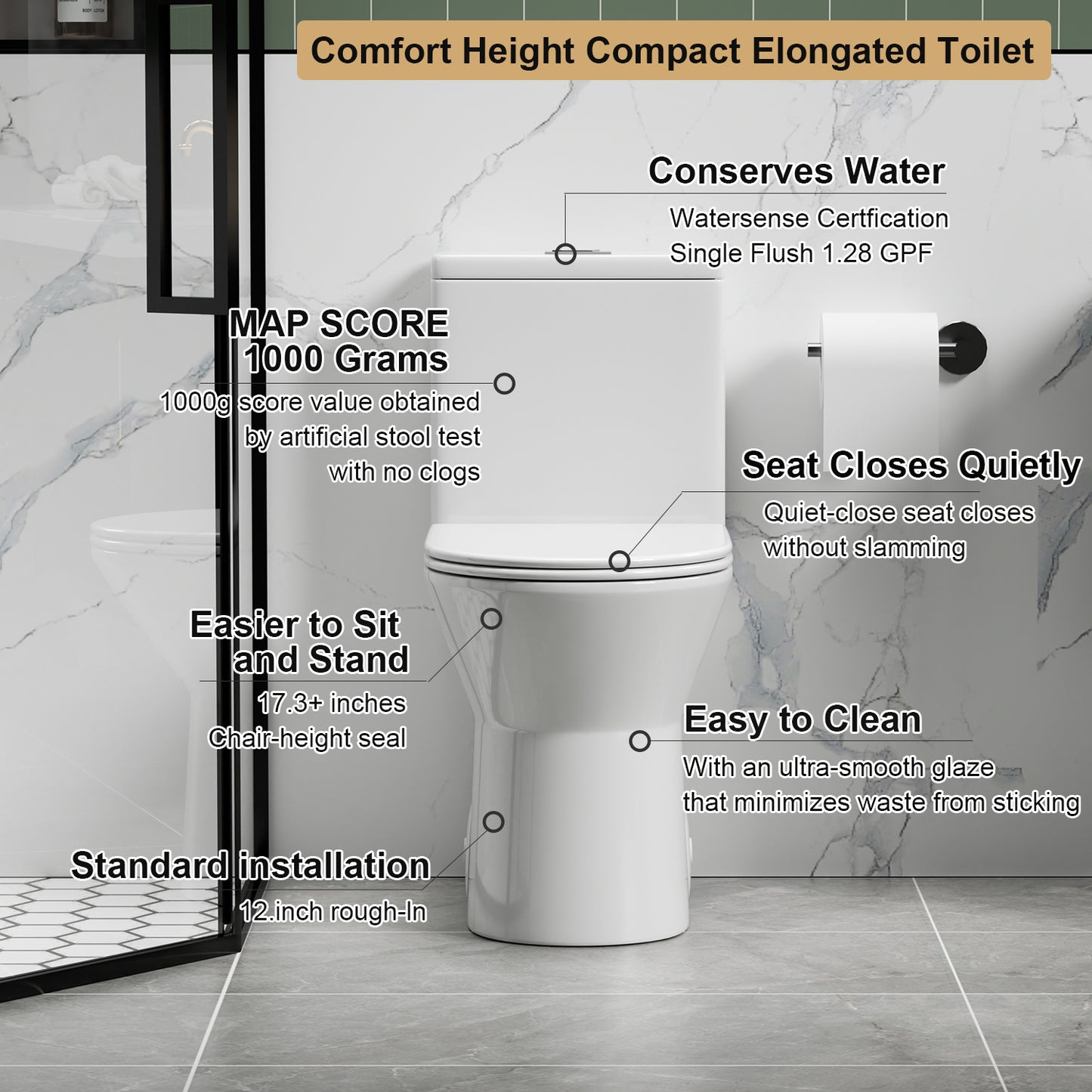 1.1/1.6 GPF Tornado Flush One-Piece Toilet with Comfort Chair Seat ADA Height 17",Powerful & Quiet Dual Flush Modern Toilet,Siphonic S-trap 12",Rimless Bowl with Soft Closing Seat,Gloss White GW-005