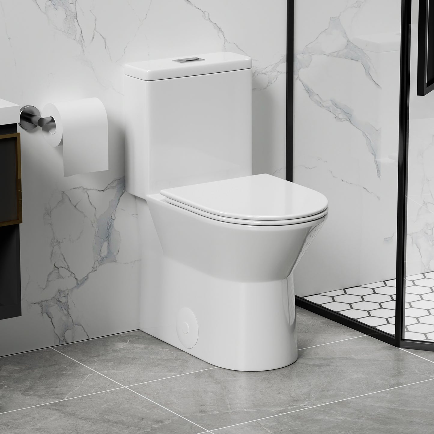 1.1/1.6 GPF Tornado Flush One-Piece Toilet with Comfort Chair Seat ADA Height 17",Powerful & Quiet Dual Flush Modern Toilet,Siphonic S-trap 12",Rimless Bowl with Soft Closing Seat,Gloss White GW-005