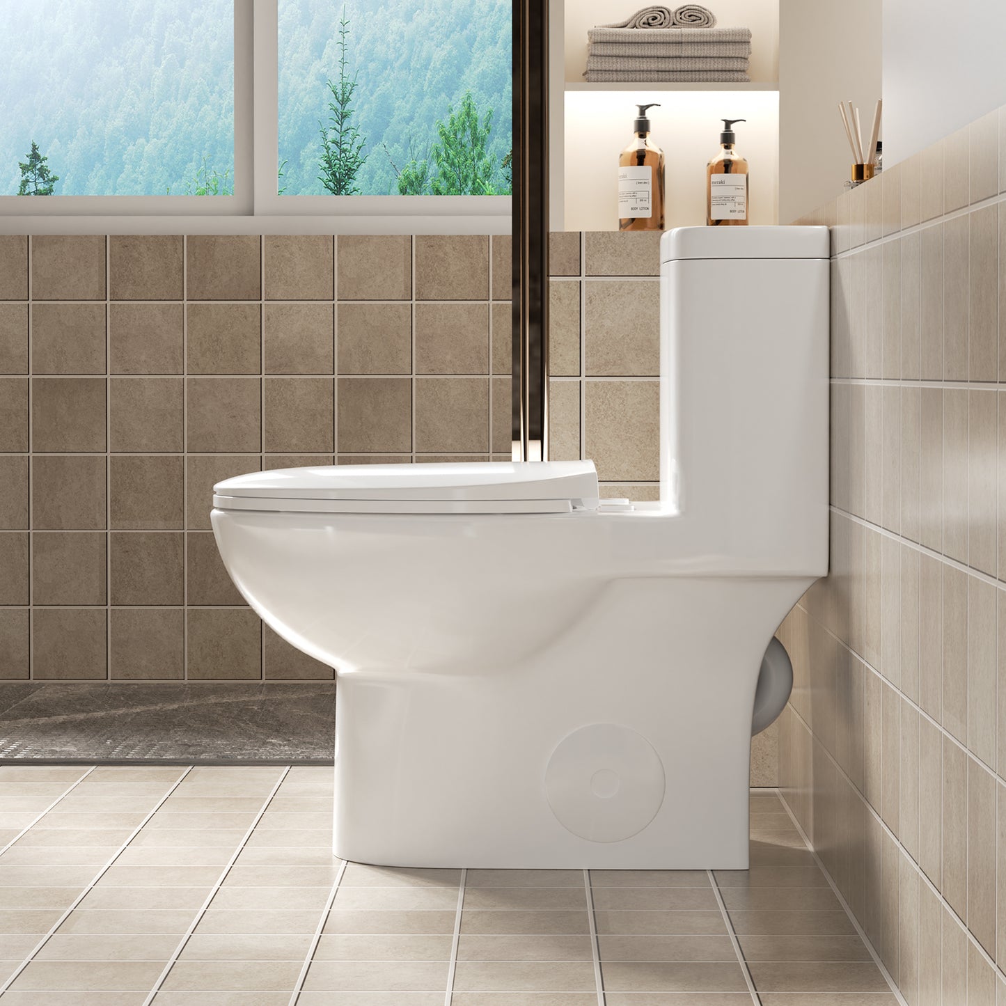 1.1/1.6 GPF Tornado Flush One-Piece Toilet with Comfort Chair Seat ADA Height 17",Powerful & Quiet Dual Flush Modern Toilet,Siphonic S-trap 12",Rimless Bowl with Soft Closing Seat,Gloss White GW-006