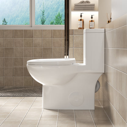 1.1/1.6 GPF Tornado Flush One-Piece Toilet with Comfort Chair Seat ADA Height 17",Powerful & Quiet Dual Flush Modern Toilet,Siphonic S-trap 12",Rimless Bowl with Soft Closing Seat,Gloss White GW-006