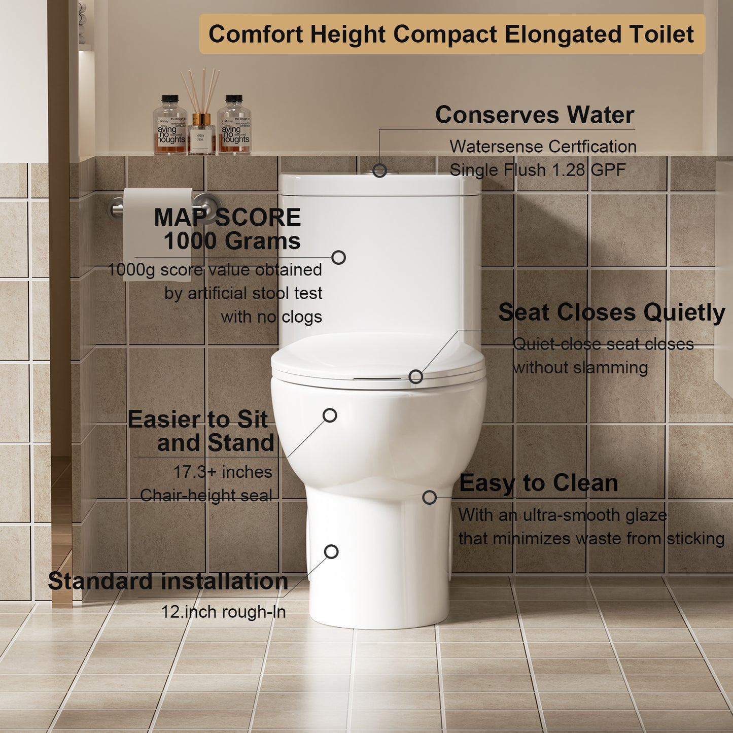 1.1/1.6 GPF Tornado Flush One-Piece Toilet with Comfort Chair Seat ADA Height 17",Powerful & Quiet Dual Flush Modern Toilet,Siphonic S-trap 12",Rimless Bowl with Soft Closing Seat,Gloss White GW-006