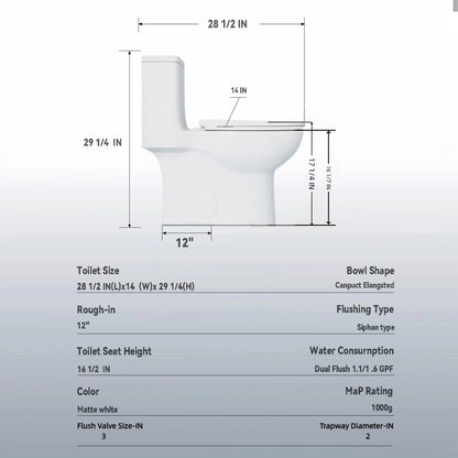 1.1/1.6 GPF Tornado Flush One-Piece Toilet with Comfort Chair Seat ADA Height 17",Powerful & Quiet Dual Flush Modern Toilet,Siphonic S-trap 12",Rimless Bowl with Soft Closing Seat,Gloss White GW-006