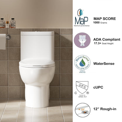 1.1/1.6 GPF Tornado Flush One-Piece Toilet with Comfort Chair Seat ADA Height 17",Powerful & Quiet Dual Flush Modern Toilet,Siphonic S-trap 12",Rimless Bowl with Soft Closing Seat,Gloss White GW-006