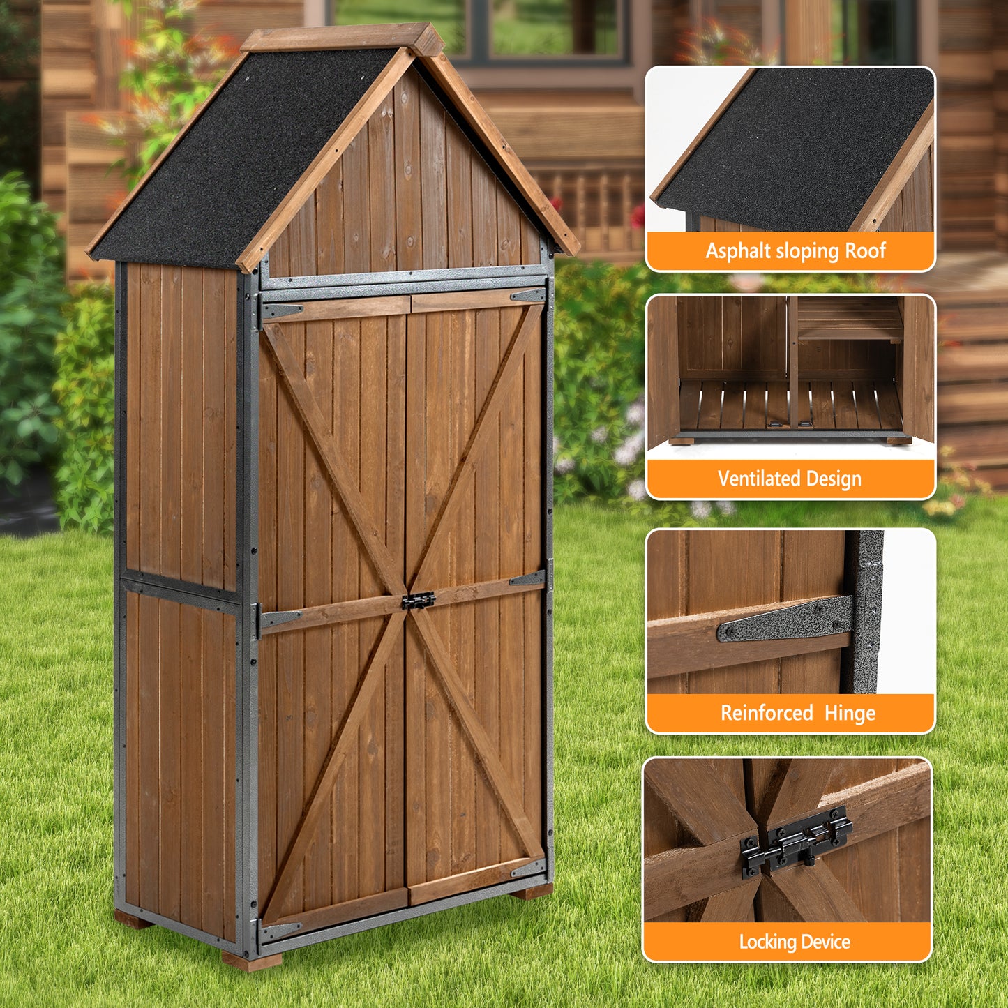 Outdoor Storage Cabinet 32.3"L X 21"W X 67"H, Garden Shed Tool Shed with Metal Frame Structure for Backyard Garden Patio Lawn (Brown)