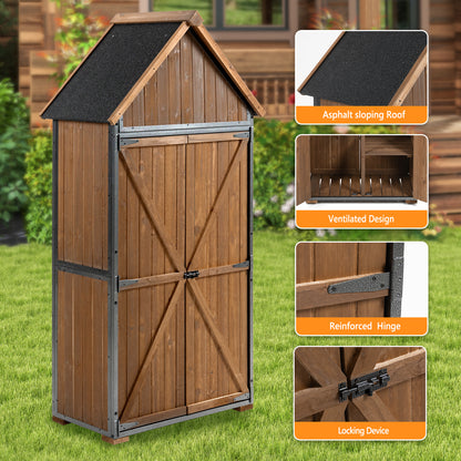 Outdoor Storage Cabinet 32.3"L X 21"W X 67"H, Garden Shed Tool Shed with Metal Frame Structure for Backyard Garden Patio Lawn (Brown)