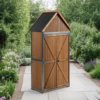 Outdoor Storage Cabinet 32.3"L X 21"W X 67"H, Garden Shed Tool Shed with Metal Frame Structure for Backyard Garden Patio Lawn (Brown)