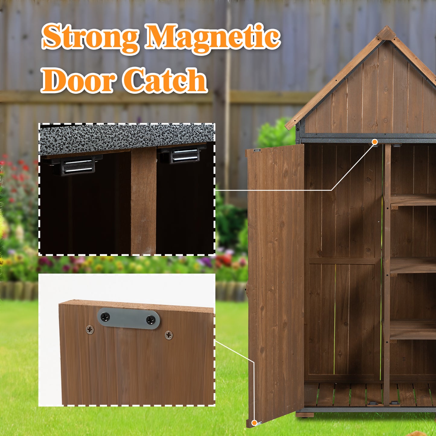 Outdoor Storage Cabinet 32.3"L X 21"W X 67"H, Garden Shed Tool Shed with Metal Frame Structure for Backyard Garden Patio Lawn (Brown)