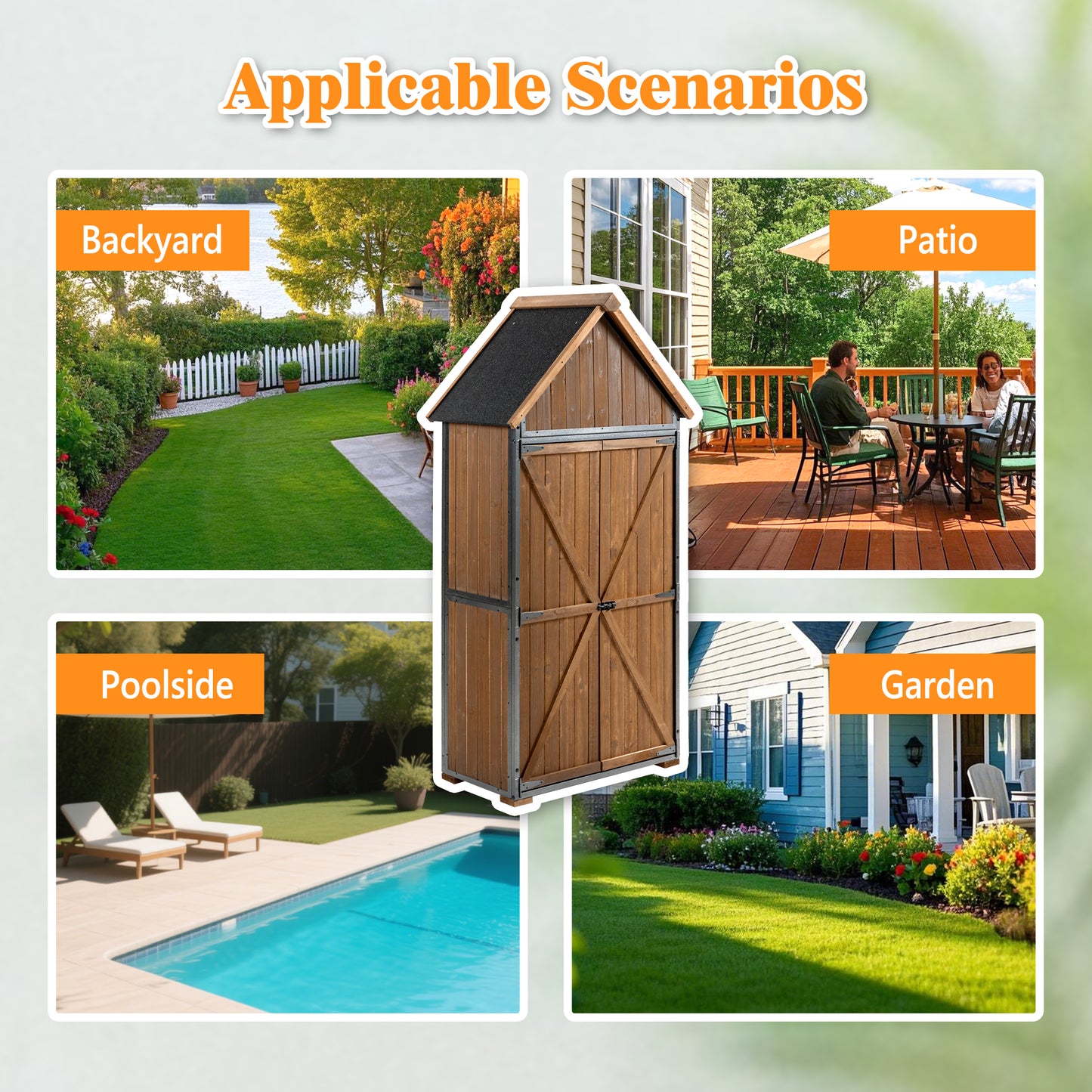 Outdoor Storage Cabinet 32.3"L X 21"W X 67"H, Garden Shed Tool Shed with Metal Frame Structure for Backyard Garden Patio Lawn (Brown)