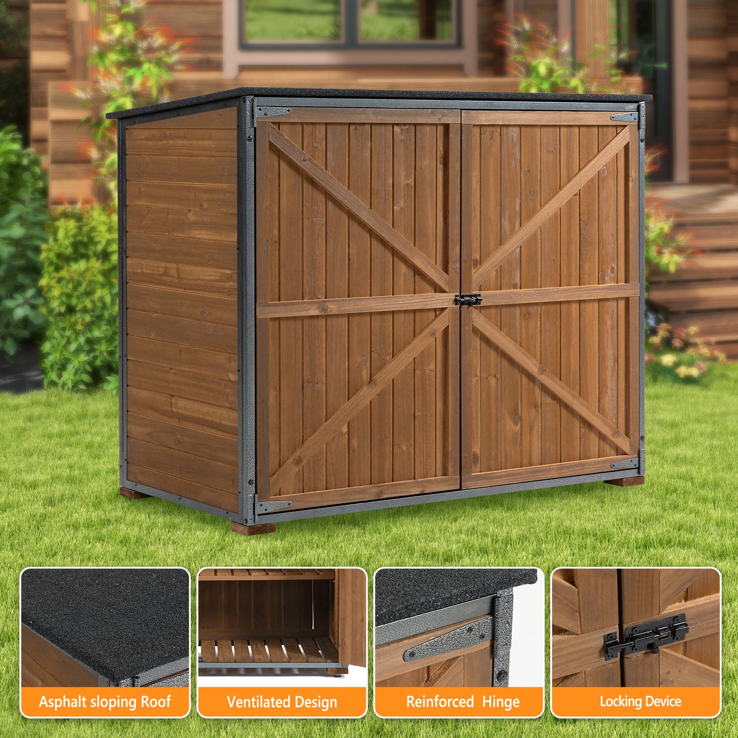 Outdoor Storage Cabinet 50.4"L X 26.8"W X 41"H, Garden Shed Tool Shed with Metal Frame Structure for Backyard Garden Patio Lawn (Brown)