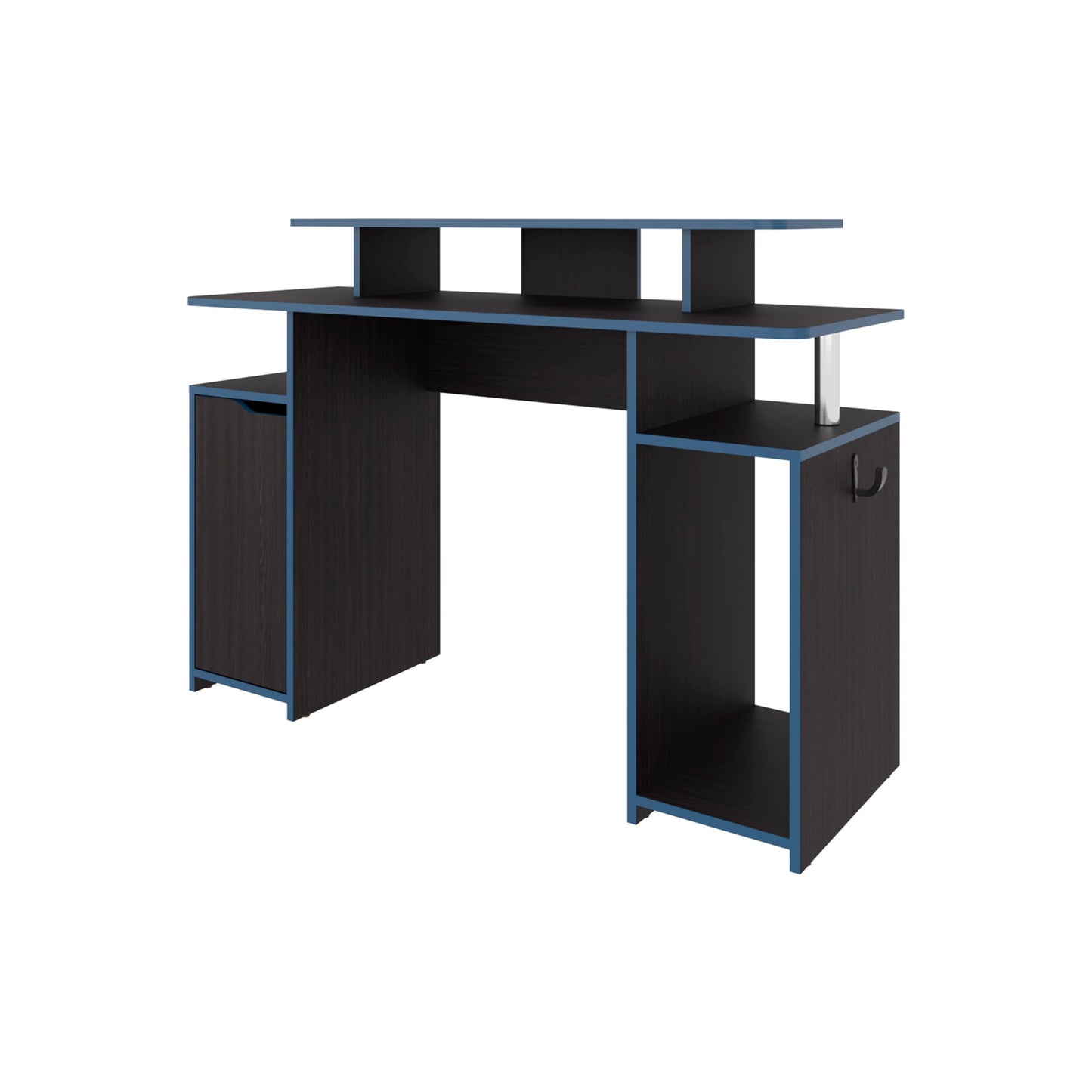 Blue Accents Minimalist Gaming Desk with Elevated Monitor Shelf