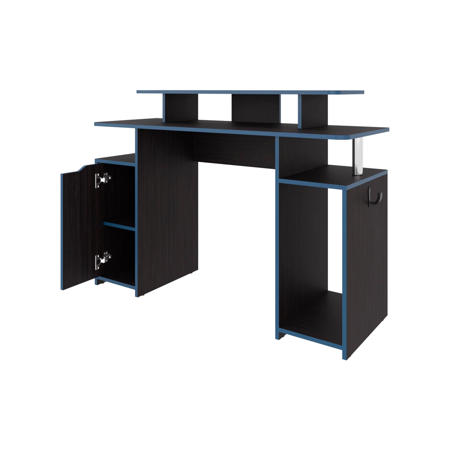 Blue Accents Minimalist Gaming Desk with Elevated Monitor Shelf