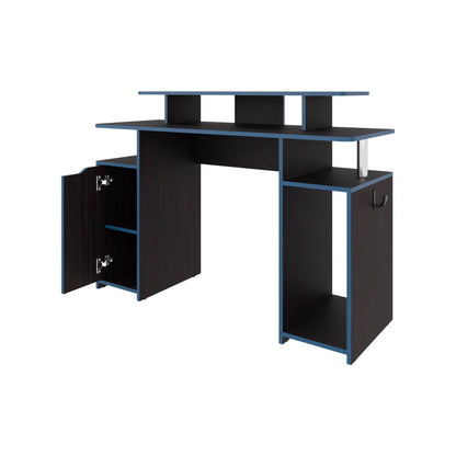 Blue Accents Minimalist Gaming Desk with Elevated Monitor Shelf