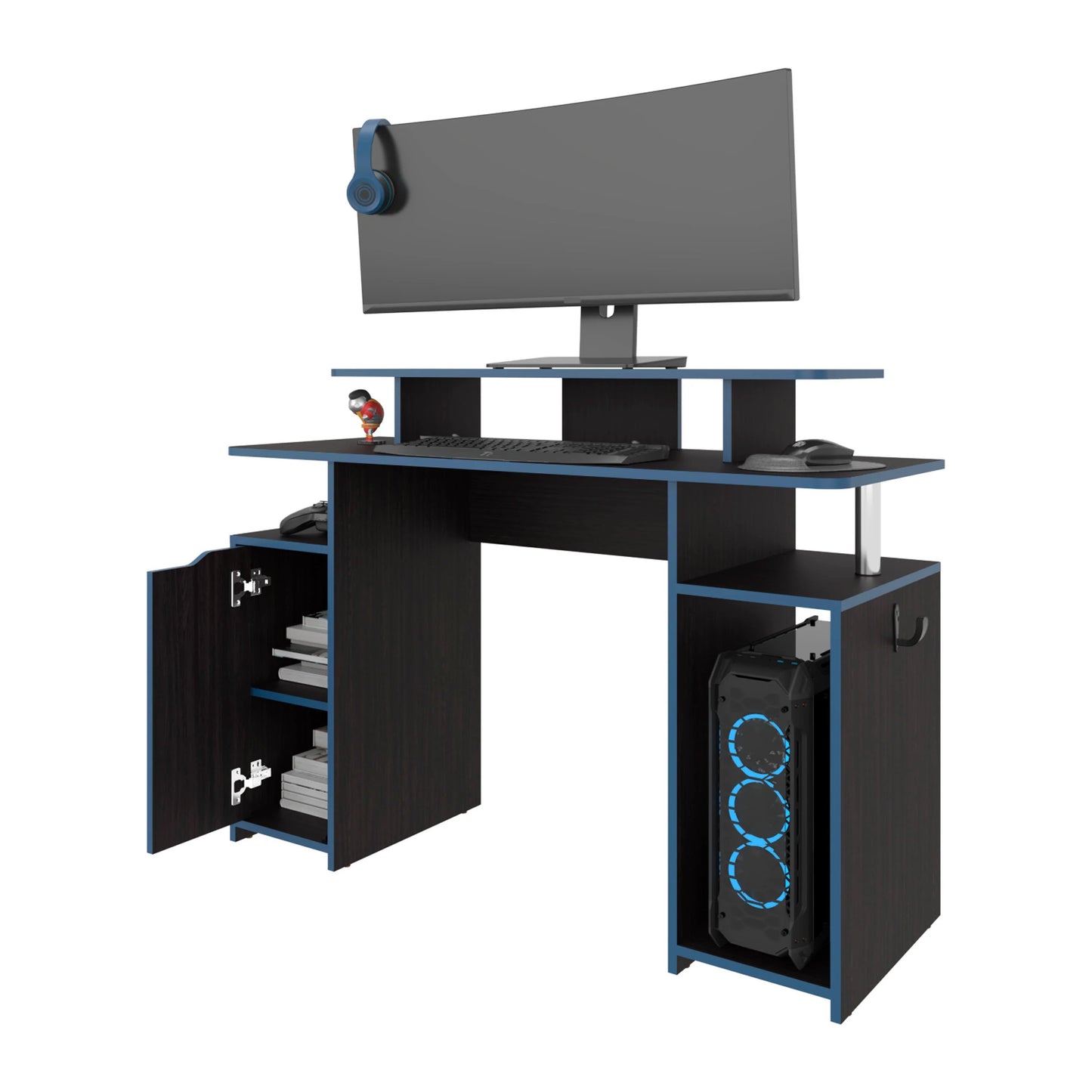Blue Accents Minimalist Gaming Desk with Elevated Monitor Shelf