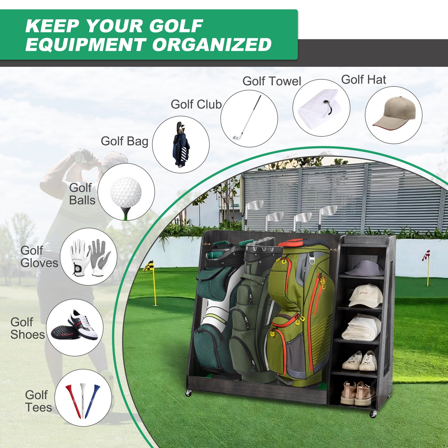 Gray Wooden Golf Bag Storage Rack with 3 Drawers, Holds 2 Stand Bags & 14+ Clubs, Organizer for Golf Balls, Shoes & Accessories, Heavy Duty for Garage, Indoor Outdoor Use, Easy Assembly