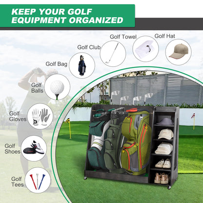 Gray Wooden Golf Bag Storage Rack with 3 Drawers, Holds 2 Stand Bags & 14+ Clubs, Organizer for Golf Balls, Shoes & Accessories, Heavy Duty for Garage, Indoor Outdoor Use, Easy Assembly